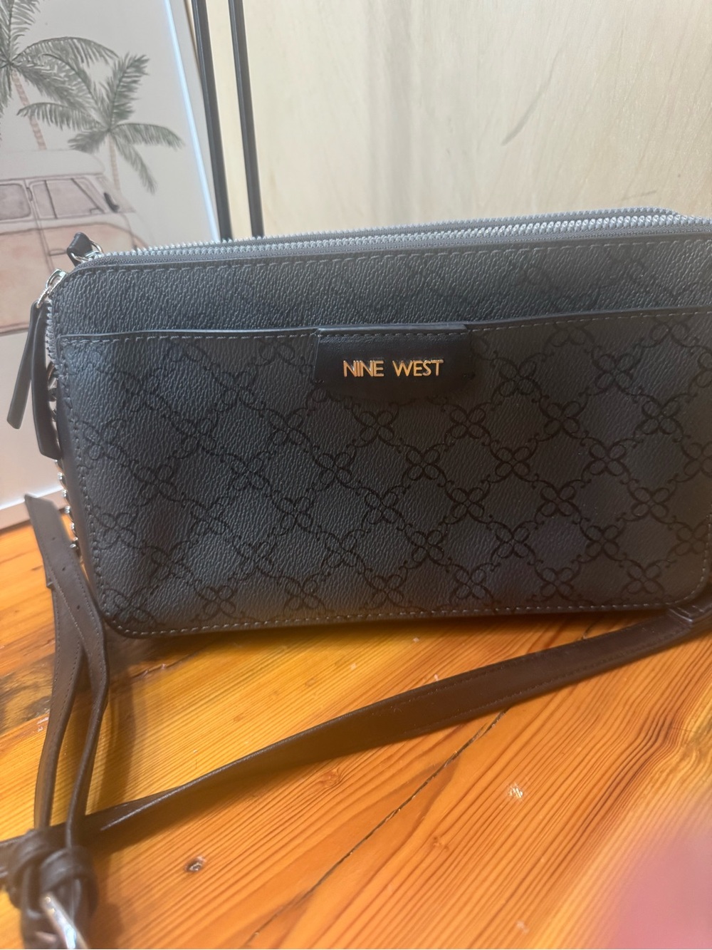 Nine West Black Patterned Crossbody Wallet with Gold Logo